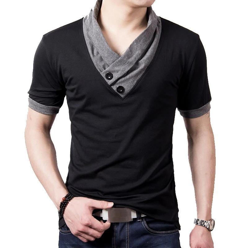 

Summer Mens T Shirts Fashion Slim Short Sleeve Patchwork V Neck Black T Shirt Men Button Tees M
