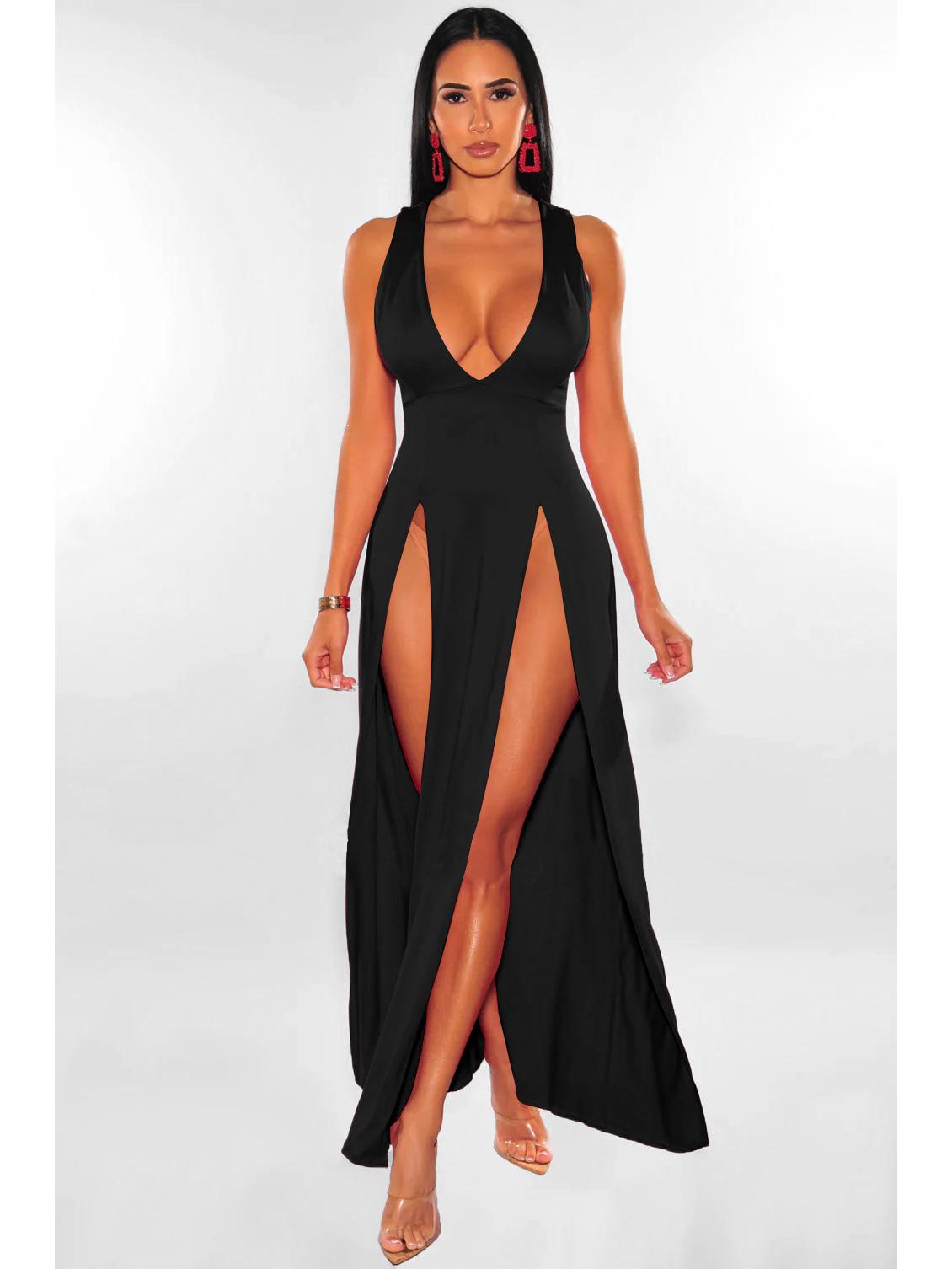 

Летнее разноцветное платье-бандаж с глубоким V-образным вырезом и разрезом - Женское длинное платье для ночных клубов S чёрный