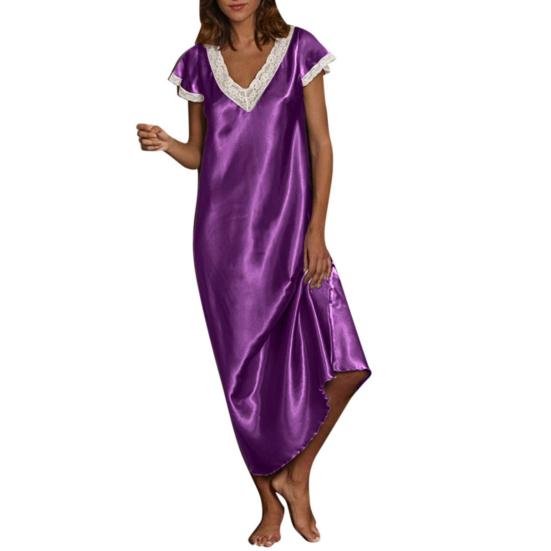 Women Nightgown Lace Trim V Neck Short Sleeves Solid Color Satin Dress Sleep Gown Pajamas Sexy Loose Long Nightdress Sleepwear
