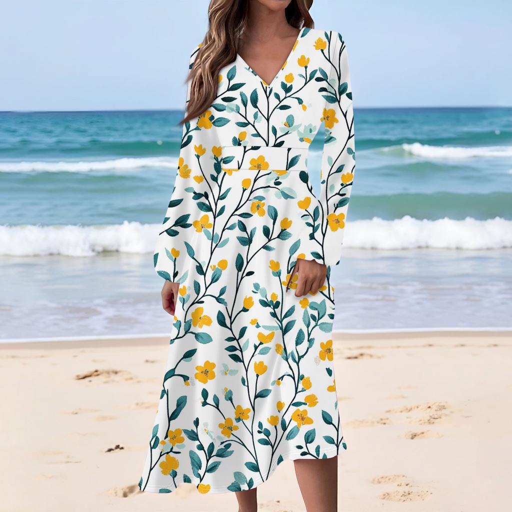 Women's Casual Fashion Floral Print V-neck Long Sleeve Waist Long Dress
