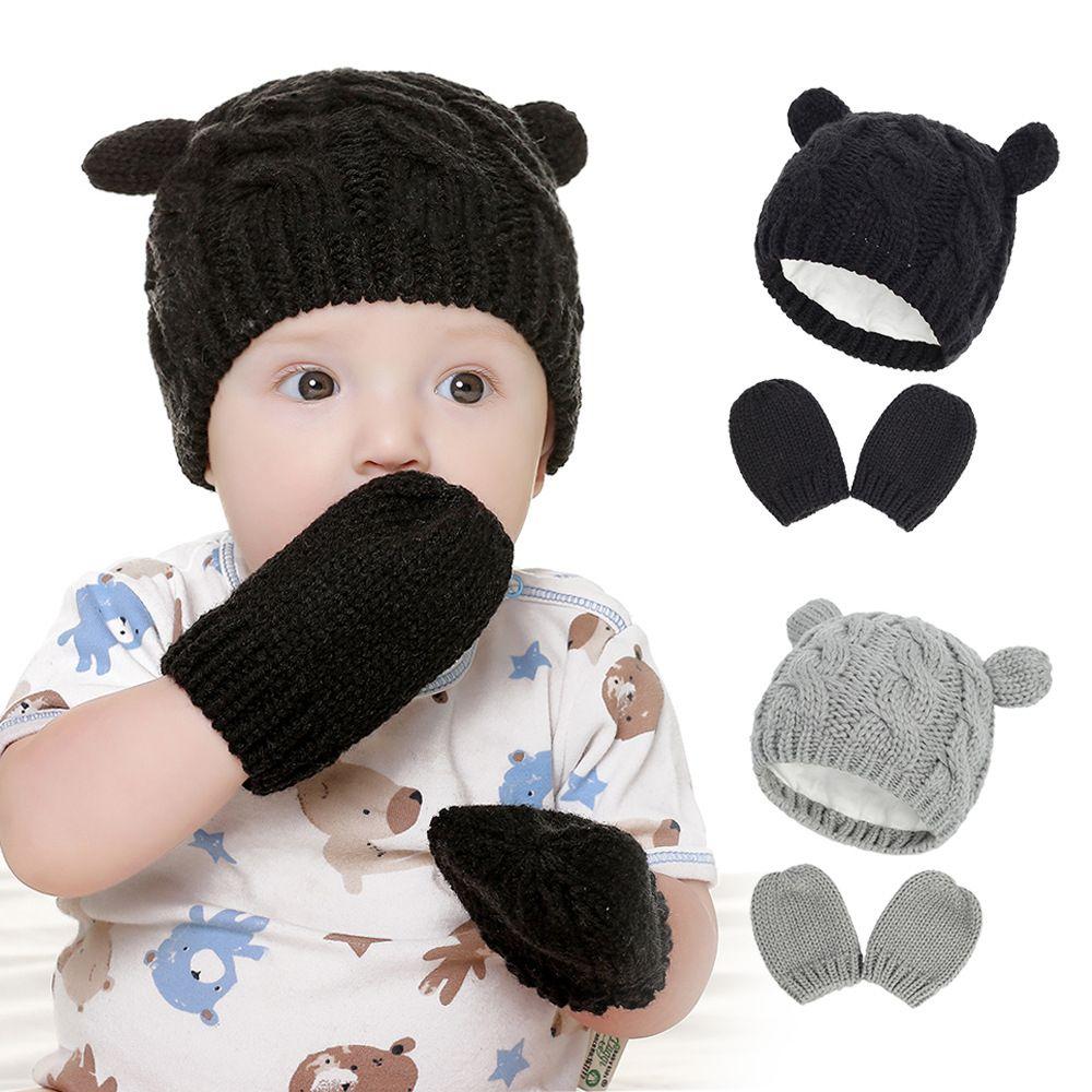 Windproof Fleece Lining Warm Baby Winter Beanie Hat Gloves Set Newborn Knitted Hats Children Cap