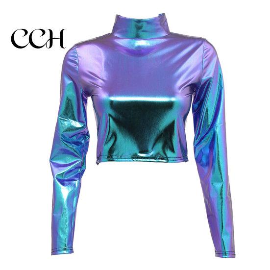 Club Crop Top Women Glossy Faux Leather Half-high Collar Solid Color Waist-exposed Long Sleeve Skinny Pullover Elastic Nightclub Stage Show