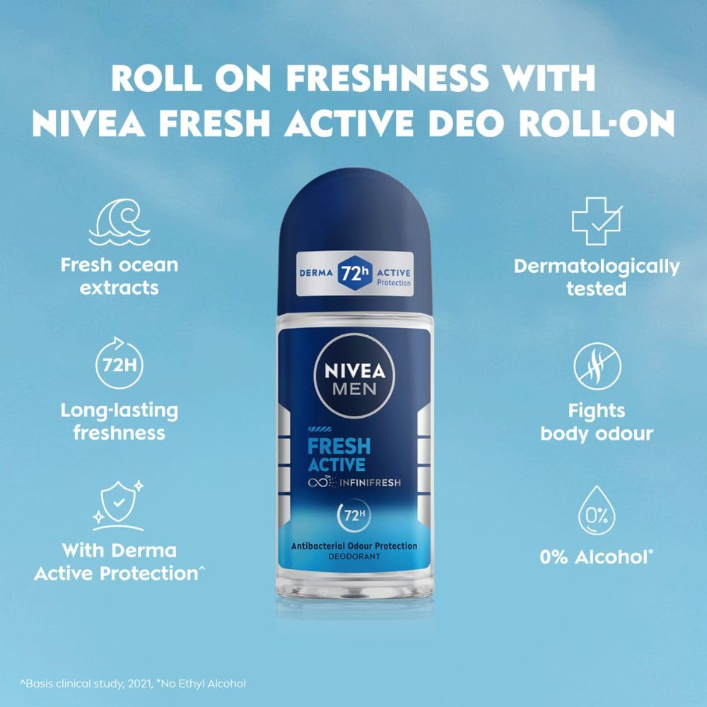 NIVEA MEN Fresh Active 50ml Deo Underarm Roll On | With Fresh Ocean Extracts Scent| 72 H Freshness