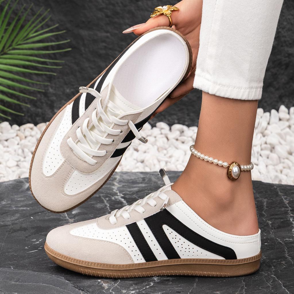 Women Retro Color Block Slip On German Trainer Mule Slippers, Breathable Soft Sole Versatile Casual Summer Walking Shoes