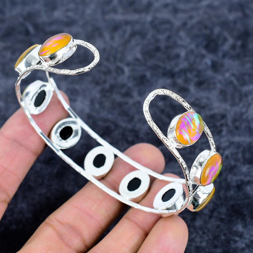 Orange Triplet Opal Gemstone 925 Sterling Silver Cuff Bangle Adjustable M-3321