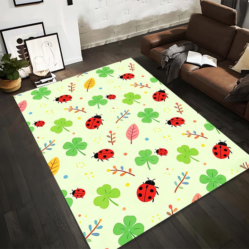Ladybug and Clover Pattern Carpet, Cute Nature Design, Green Background Suitable for use as an anti-slip for living room bedroom sofas