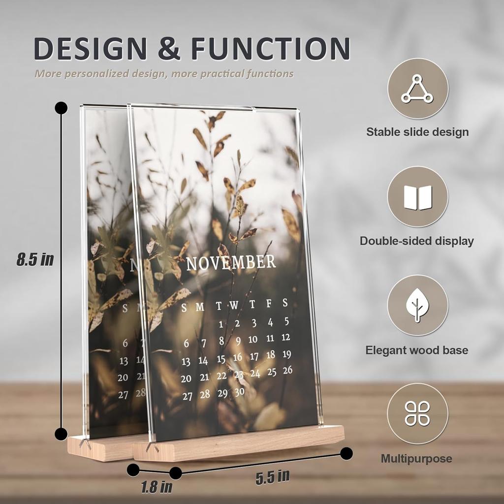 Acrylic Sign Holder 5.5x8.5 with Wood Base, Clear T shape Table Display Stands for Office, House, Store, Restaurants, and Event use, Double side