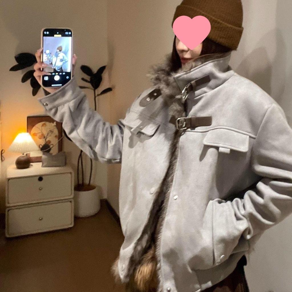 American Style Fluffy Patchwork Stand Collar Plus Velvet Casual Thickened Autumn/Winter Jacket