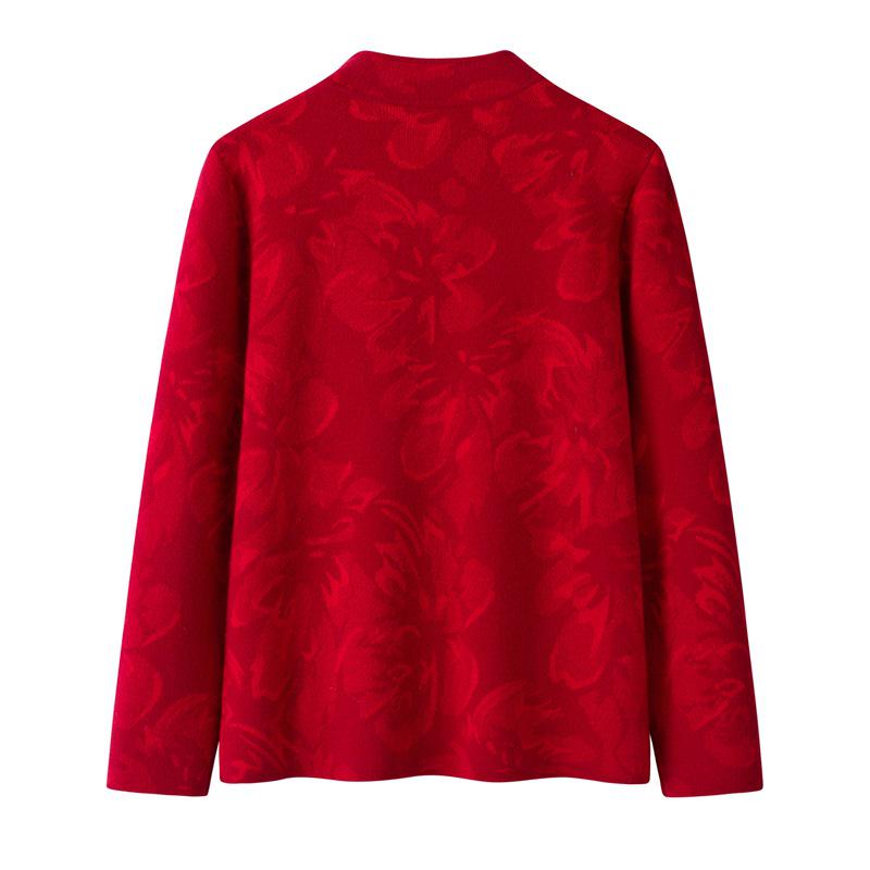 Red Wool Tang Suit Sweater Coat with Stand Collar & Frog Buttons for Women