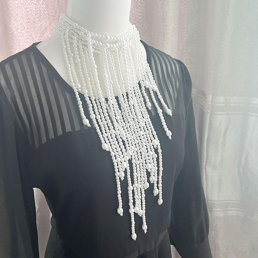 New tassel fashion classic imitation pearl necklace multi-layer design waterfall high-end long stacked wear necklace