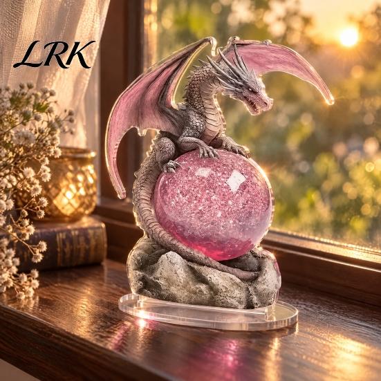 Decorative Figures for Bookshelves 2D Flat Acrylic Dragon Statue, Mystical with Pink Crystal Ball Handmade Fantasy Art Decor on Rock Base, Desktop