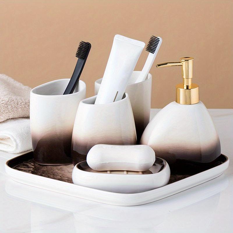 6τεμ. 1σετ Προηγμένα Αξεσουάρ Μπάνιου Κεραμικά σε Σταδιακή Απόχρωση του Καφέ, 2 ποτήρια στοματικού διαλύματος, 1 σαπουνοθήκη, 1 ποτηράκι οδοντόβουρτσας, 1 δίσκος, 1 δοχείο λοσιόν Δημιουργικά Δώρα για το Σπίτι.