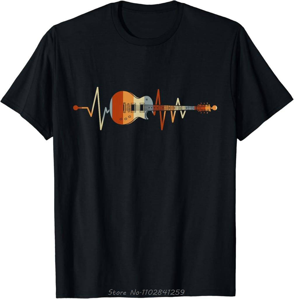 Retro Vintage Heartbeat Guitar Tshirt Music Lovers Gifts Custom Printed Graphic Tshirt Men Clothing Summer Cotton T Shirt