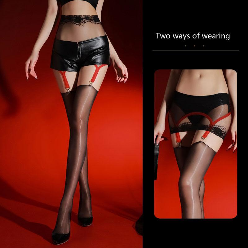 Sexy Lace Sheer Skirt Garters Thin See Through Tigths Oil Shiny Glossy Allure Stocking Exotic Lingeries Package Hip Pantyhose