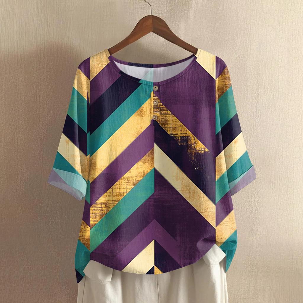 Women's Casual And Comfortable Mid-Length Round-Neck Fashion Print Cotton-Linen Top