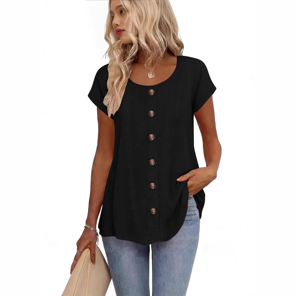 Women's Short Sleeve Blouse O Neck Streetwear Button Decor Loose Fit Top Tunic