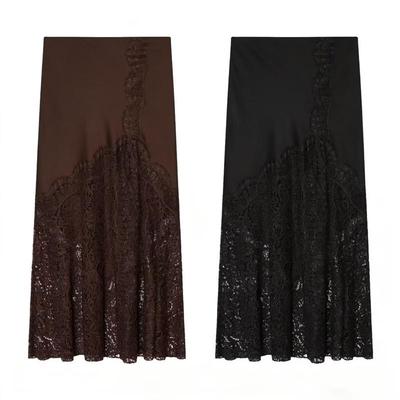 European & American Lace Patchwork Silk Satin Midi Skirt - Winter 2025 Collection