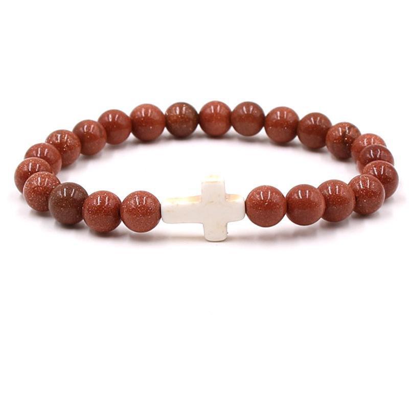 Trendy Beaded Bracelet With Natural Agate Stones - Stylish Cross Pendant Bracelet - Elegant Jewelry For Daily Wear