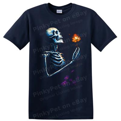 Skeleton Holding Flower T Shirt Gothic Floral Art Graphic Tee Halloween Gift
