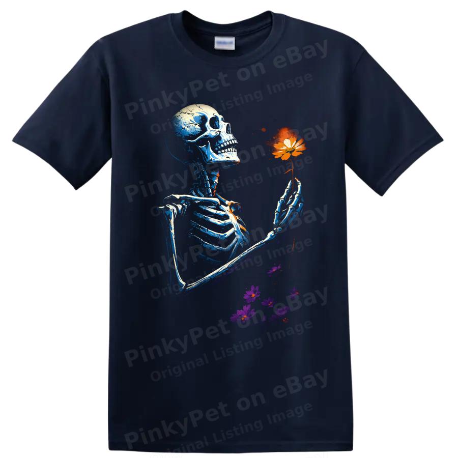 Skeleton Holding Flower T Shirt Gothic Floral Art Graphic Tee Halloween Gift