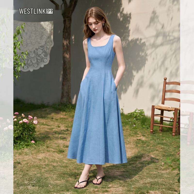Klein Blue Square Neck A-Line Midi Dress M