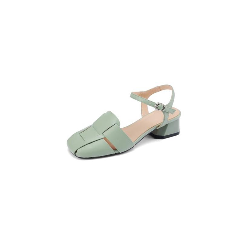 Cow Leather Square Toe Thick Med Heels Autumn Summer Buckle Straps Shoes Hollow Decorations Women Shallow Sandals
