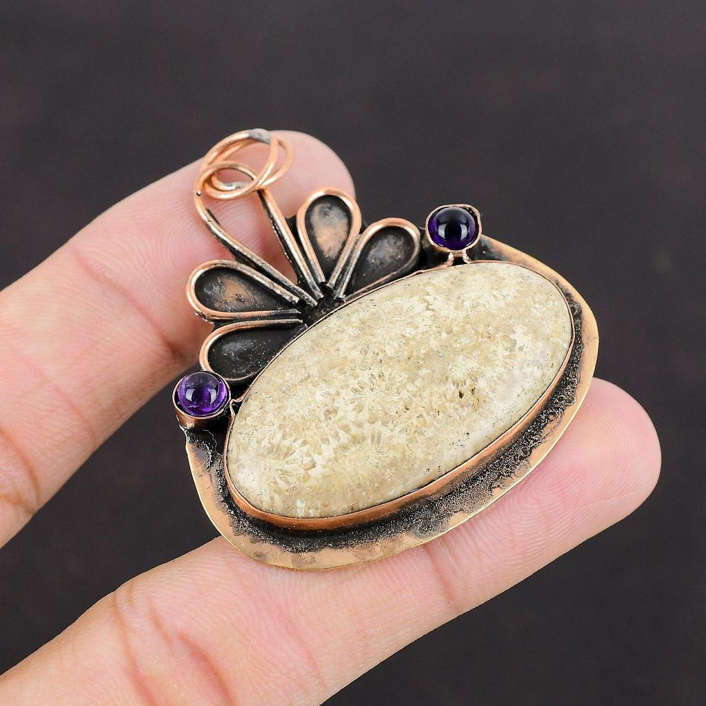 Fossil Coral Pendant African Amethyst Pendant Copper Pendant Excellent Quality Gemstone Pendant Copper Jewelry Handmade Modern Style Pendant