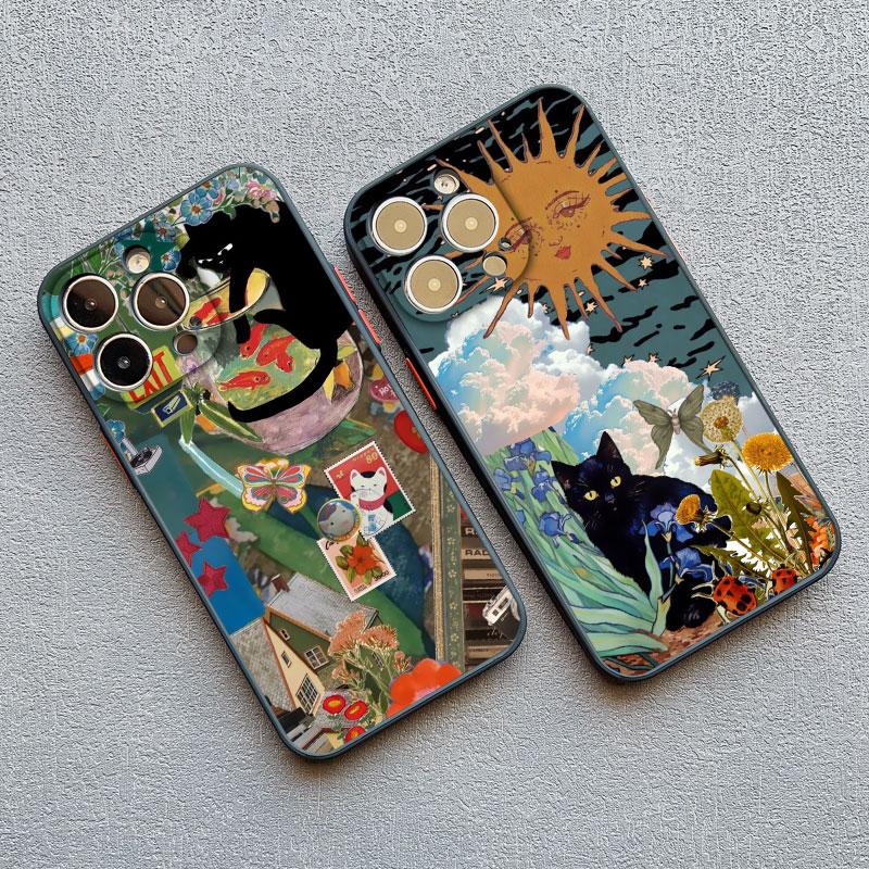 Retro Style Black Cat Art Phone Case for iPhone 16 15 14 Pro Max 14 15 Plus 12 13 Mini 11 Pro Max X XR XS 7 8 Plus SE Back Cover