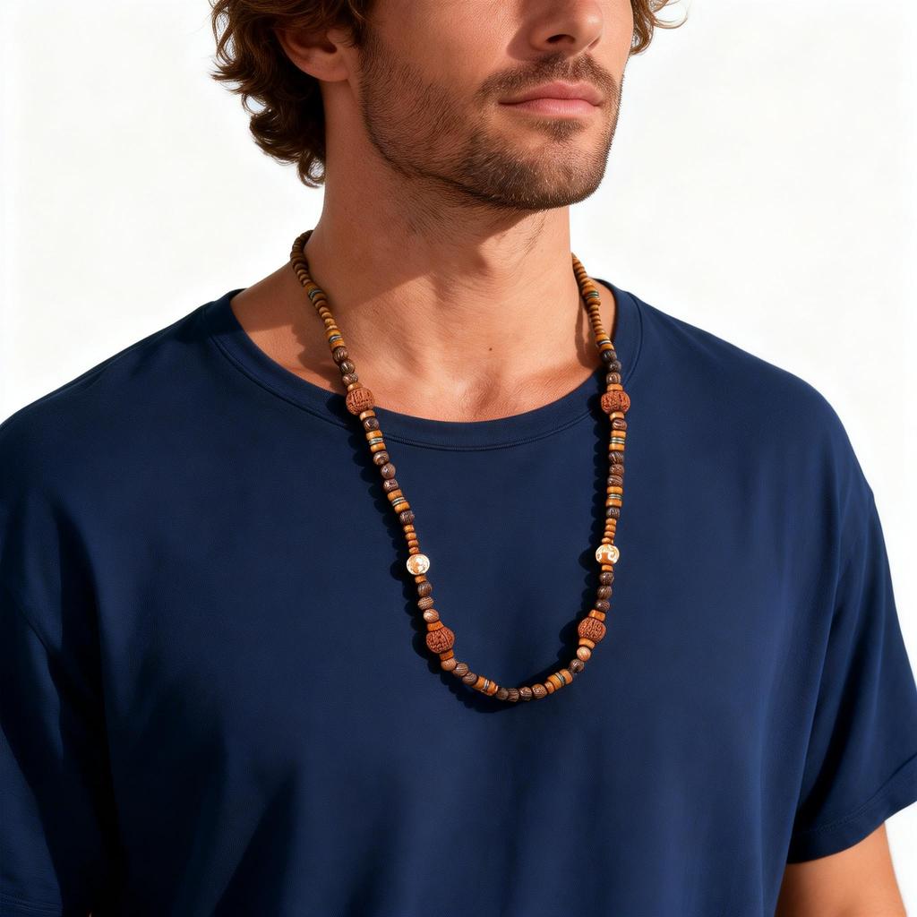 Men's Wood Beaded Long Necklace,Vintage Ethnic Layered Long Chain Collars,Summer Bohemian Jewelry Gift