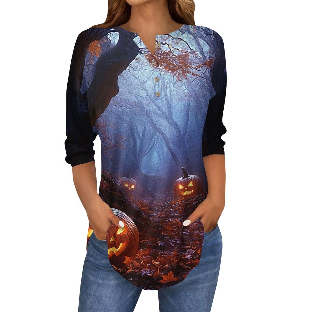 Women's Fashion Loose Button Collar Halloween Print Long Sleeve T-Shirt Top Pullover