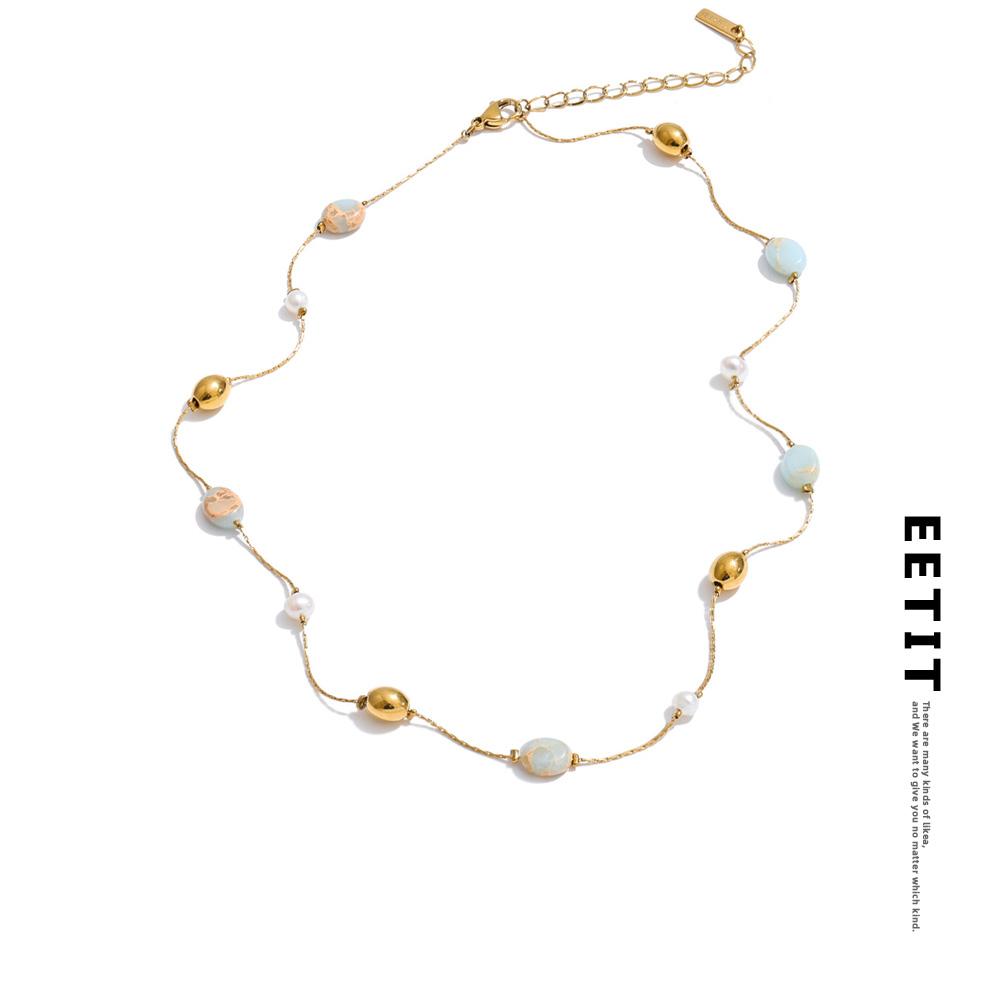 Eetit 2026 Agalmatolite Natural Pearl Stone Beads Chain Necklace Women Stainless Steel Spring Summer Collar Waterproof Jewelry