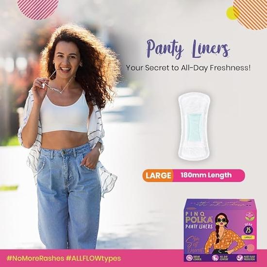 PINQ POLKA Panty Liners for Women Daily Use - 25 Liners|Large 180MM|Ultra Thin Organic Cotton Soft Feel|Spot & Leakage Free|Spotting & Discharge
