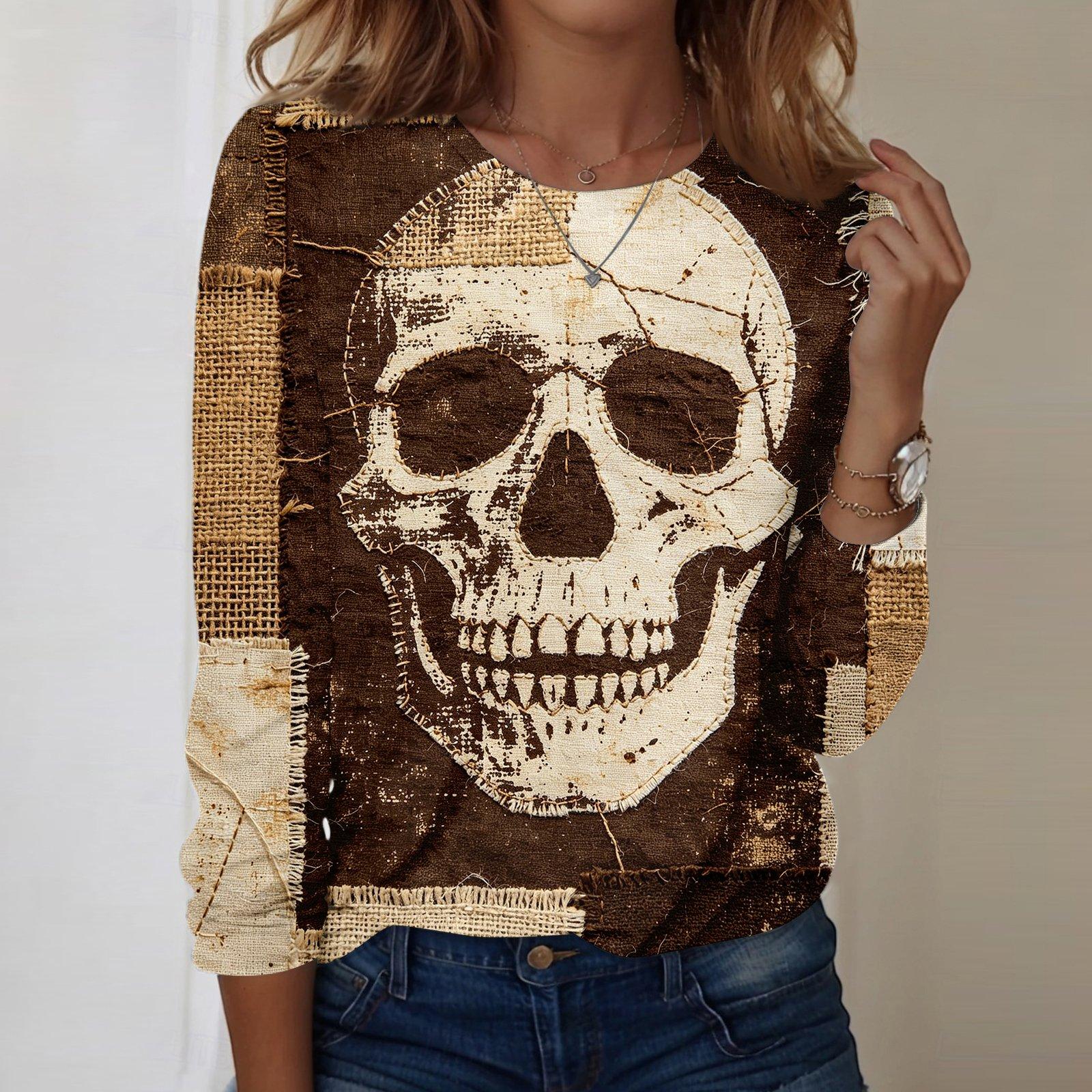 Women s Long Sleeve Casual Pullover Top Halloween Skull Print Round Neck Sweatshirt Lightweight Comfortable Fit L