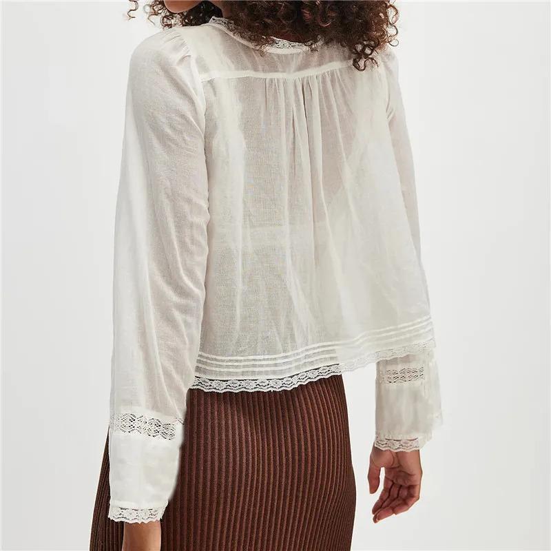 Women Y2k Vintage Long Sleeve Lace Up Blouse Scoop Neck Open Front Tie Lace Trim Crop Ruffle Solid Color Shirt