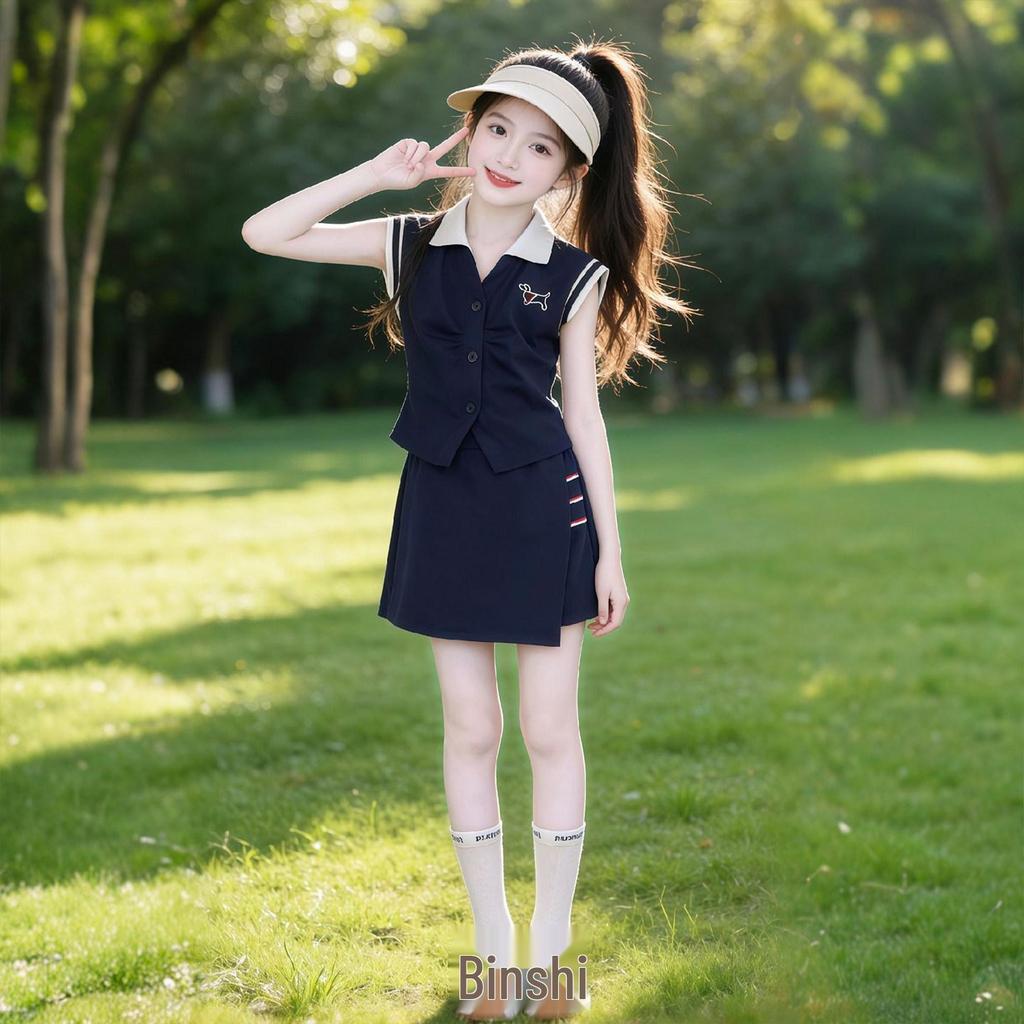 Koreanischer Stil Baby Mädchen Ärmellose Weste mit Polokragen & Rock Set