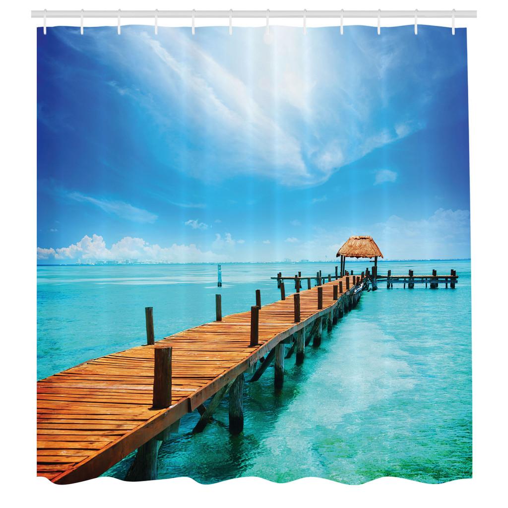 Tropical Shower Curtain - Exotic Hawaiian Wooden Pier Design, Warm Ocean Summer Theme, Cloth Fabric with Hooks W90XH180cm