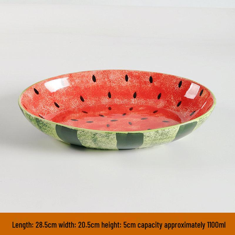 Hand-Painted Watermelon Design Large Ceramic Noodle Bowl with Underglaze Snails Pattern - Fresh, Deep & Stylish.