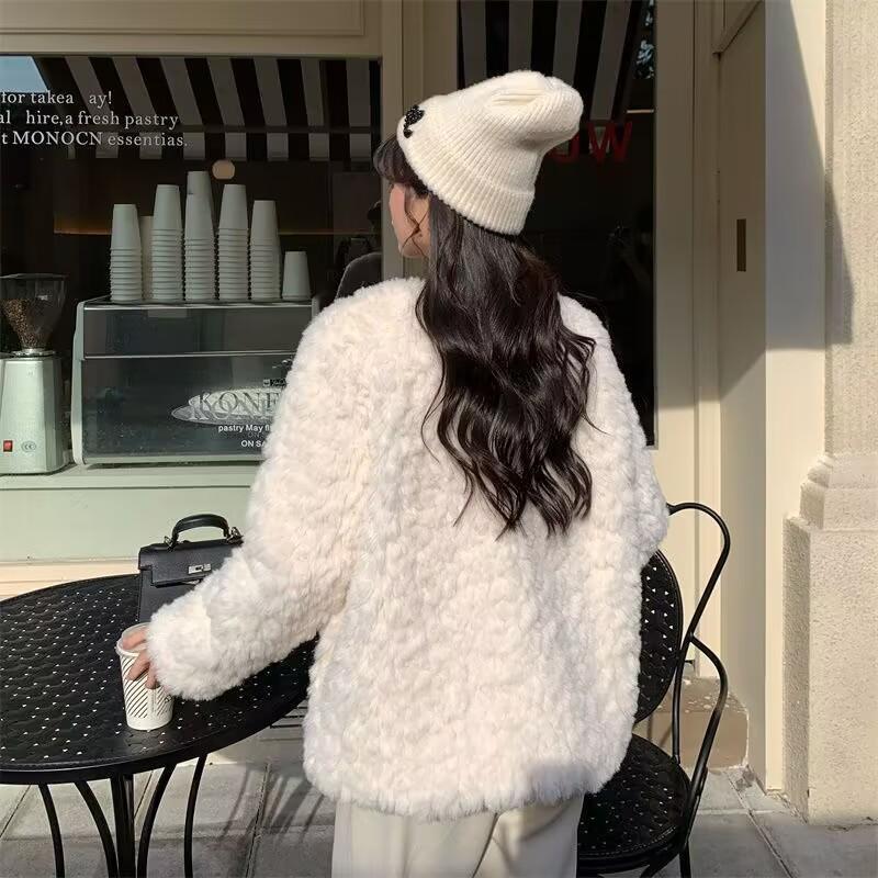 Autumn Winter Loose Casual Patchwork Lamb Fleece Warm Coat Women Quilted Cardigan Jacket Buttons Top