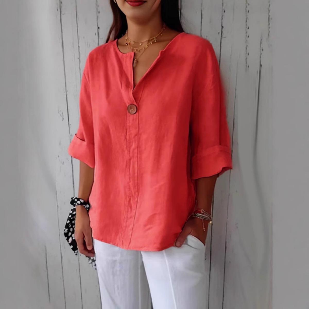 

Летняя новая свободная футболка женская с V-образным вырезом из хлопка и пеньки на пуговицах XXL красный