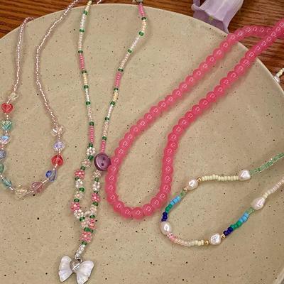 Boho Colorful Beaded Butterfly Necklace for Women Girls Handmade Sweet Imitation Pearl Chain Aesthetic Y2K Jewelry Accessories