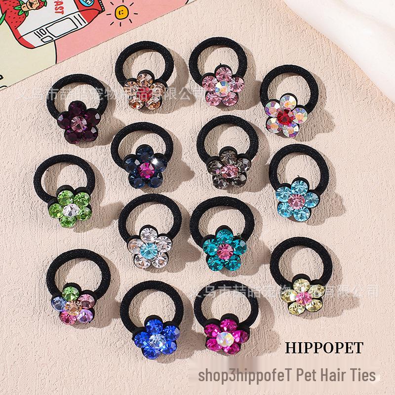 Handmade Czech Rhinestone Elastic Flower Hair Tie for Pets 2cm Diameter Elastic Band (Czech Rhinestone)