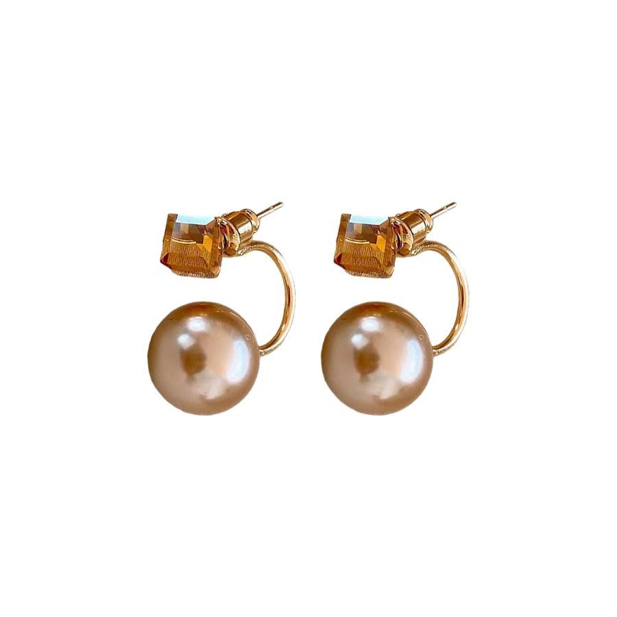 French Simple Sugar Cube Style Champagne Pearl Earrings Women'S Light Luxury High-End Stud Earrings Exquisite Two-Wear Earrings