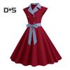 Elegant Ladies Dress Dot Printed Lapel Collar Bow On Waist Sweet Style Casual Party Dress Sleeveless Tight Waist Slim Mid-length Dress Women Summer