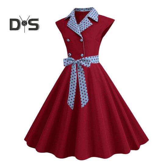 Elegant Ladies Dress Dot Printed Lapel Collar Bow On Waist Sweet Style Casual Party Dress Sleeveless Tight Waist Slim Mid-length Dress Women Summer