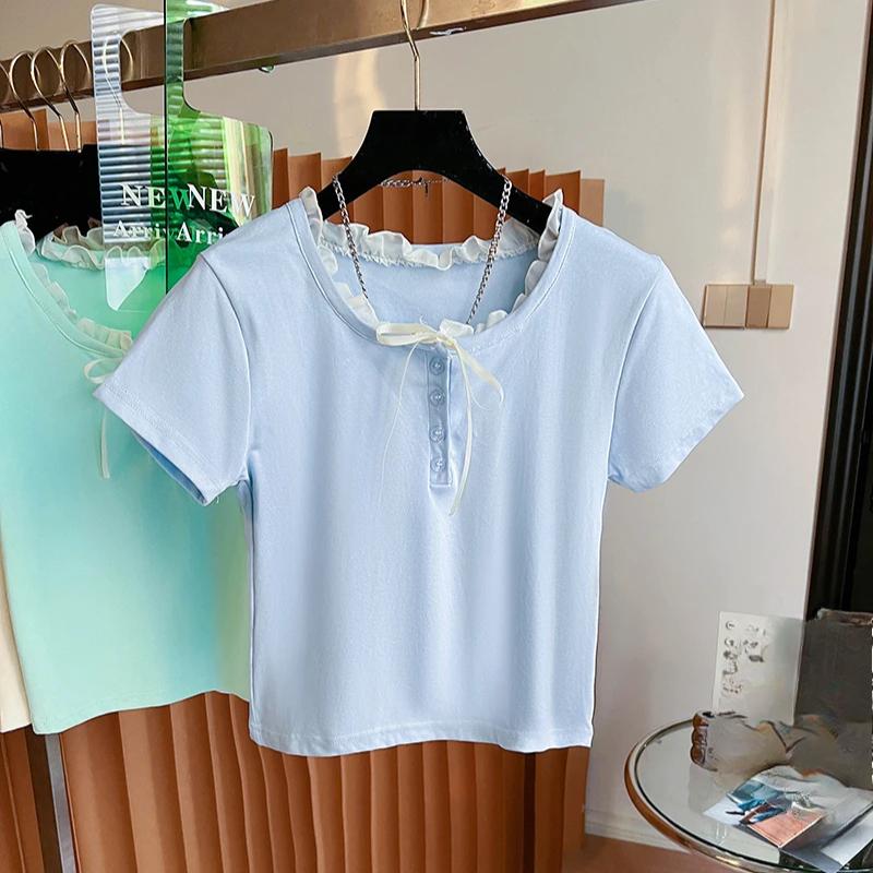 Női nyári rövid ujjú pólók koreai tiszta pamut egyszínű póló O nyakú csipke betétes crop top póló női alkalmi karcsúsított póló