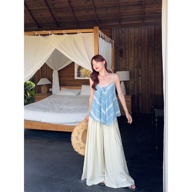 Kumikumi Holiday Style Set Irregular Cami Women Clothes Summer High Waist Loose Casual Pants Two-piece Set