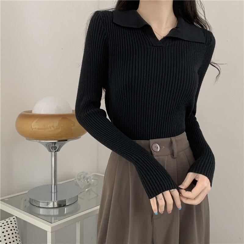 Women's Polo Collar Long Sleeve Knitwear, Korean Slim Fit Ribbed Top for Spring/Summer 2025