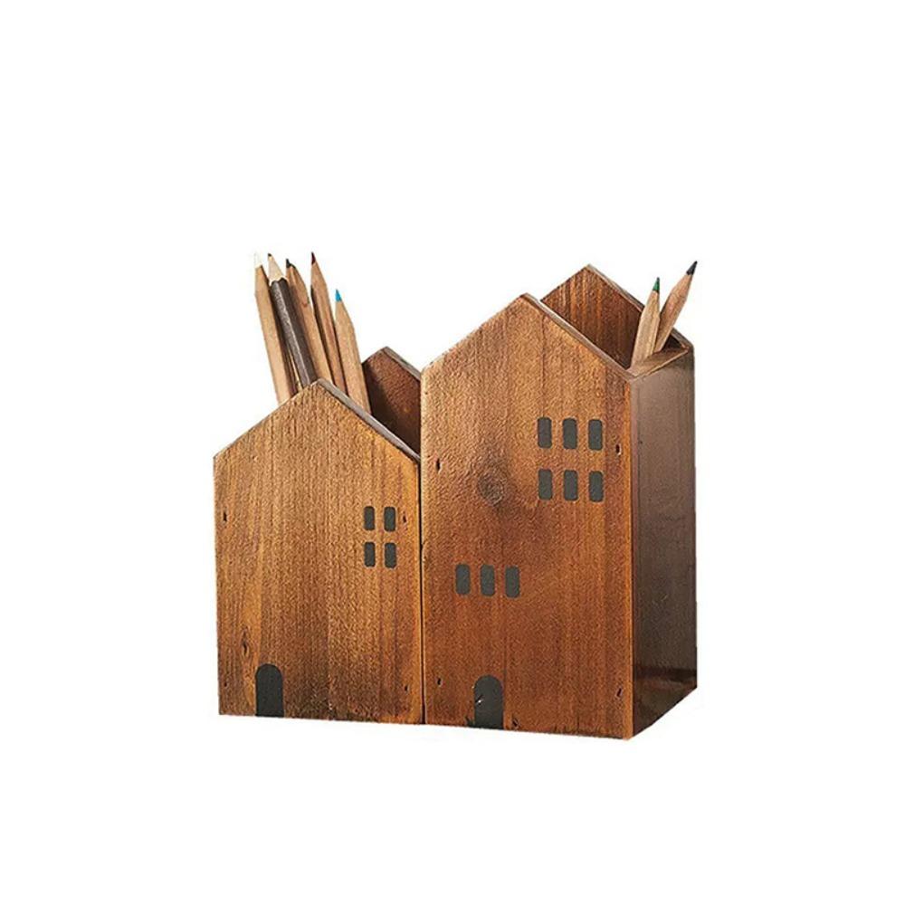 2PCS Cartoon Cottage Shape Pen Holder Vintage Desktop Organizer Makeup Brush Storage Box Student коричневый