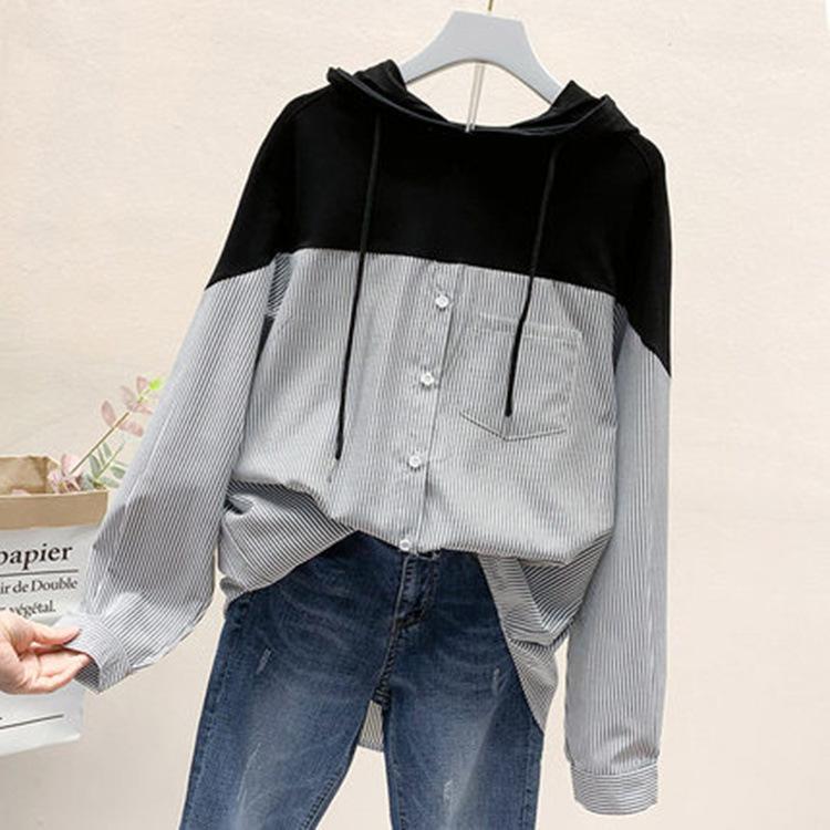 Spring and Autumn Women's Shirt Stripes Loose Hooded Sweatshirt Long Sleeve Splicing Blouse Tops