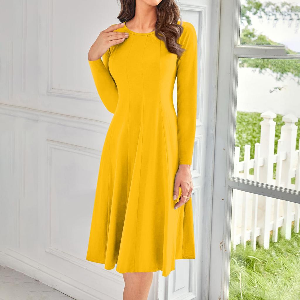 Kadın Günlük Moda Yuvarlak Yaka Uzun Kollu Düz Renk Midi Elbise